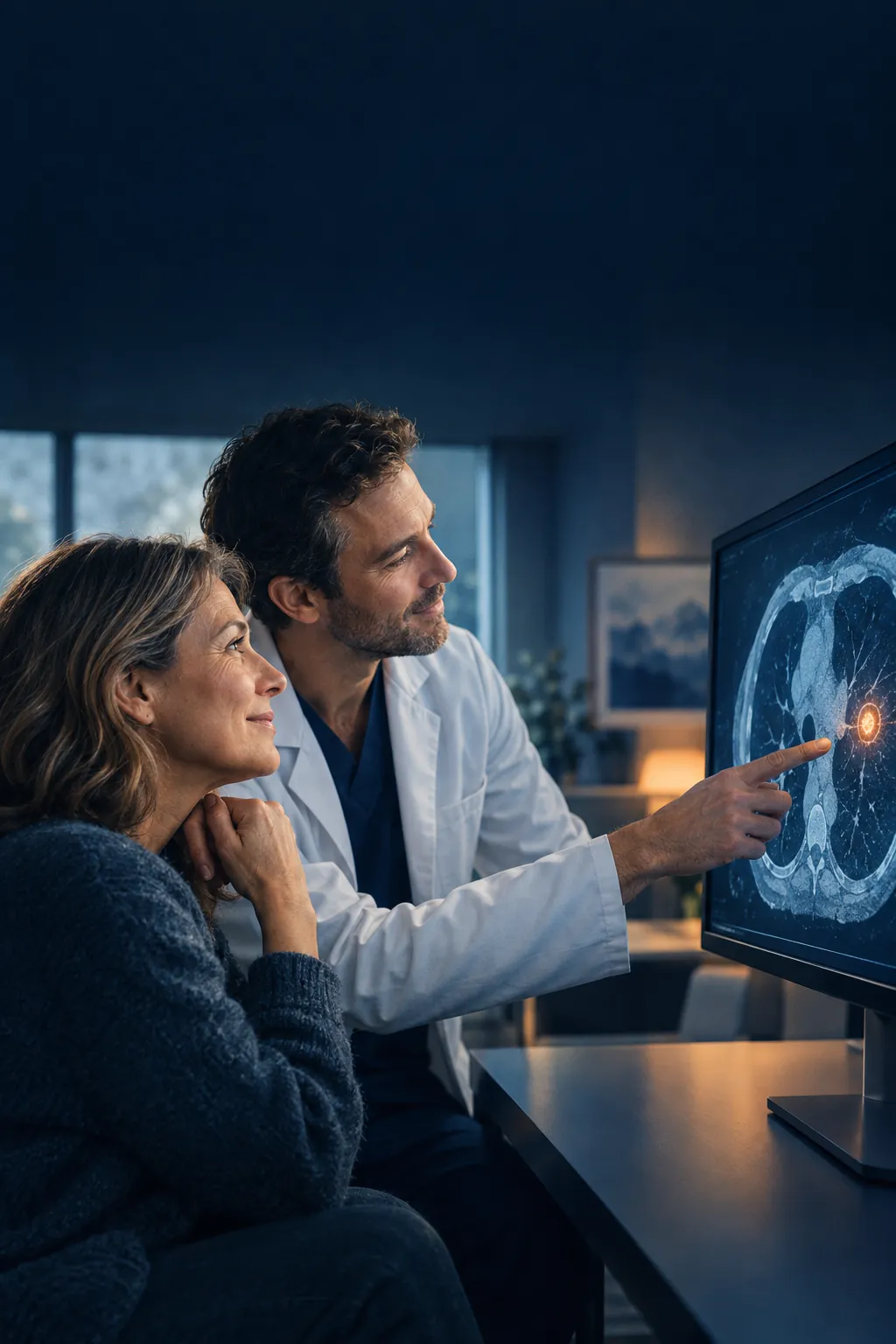 A doctor and a patient look at a scan on which AI has gently marked one spot.