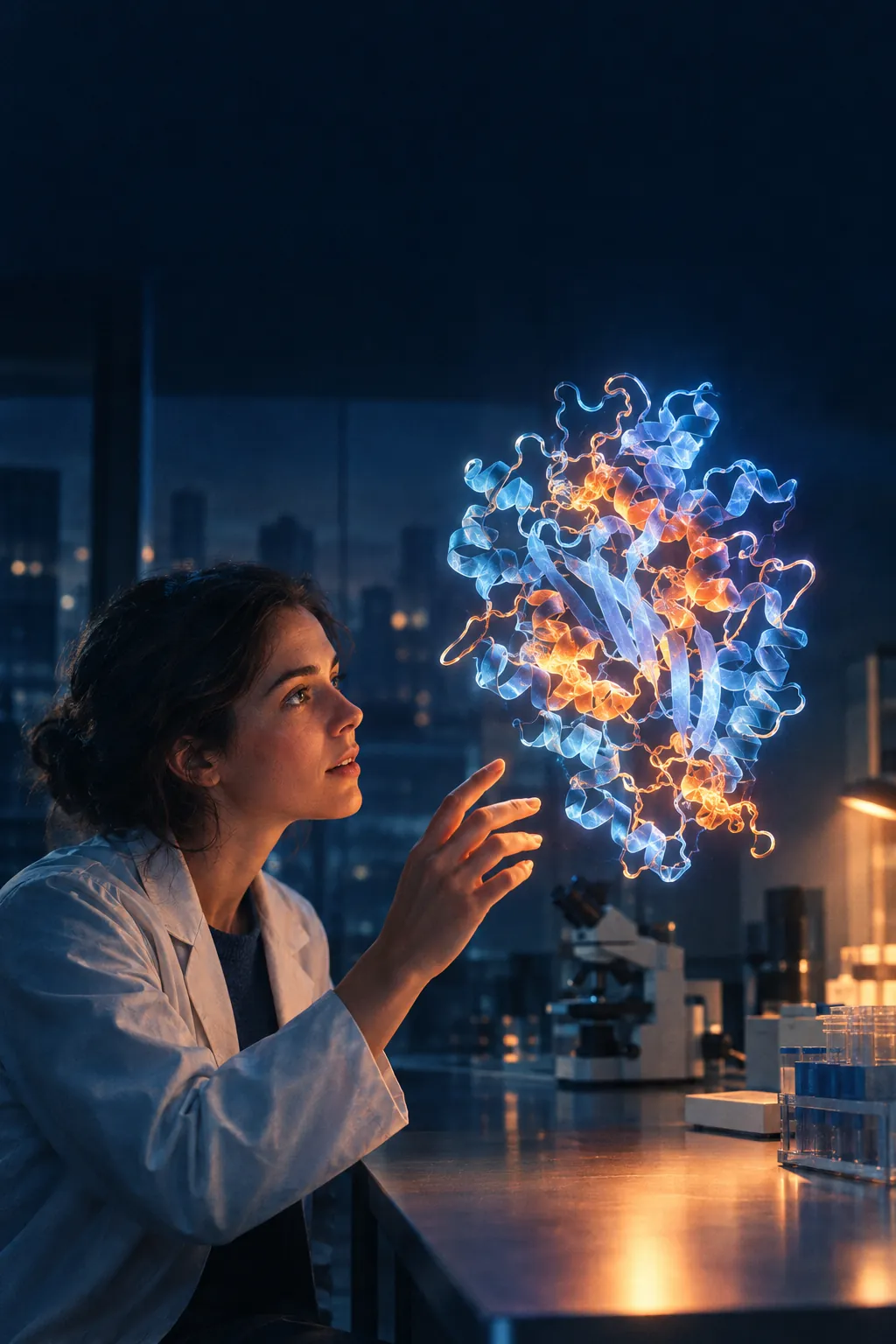 A scientist looks at a glowing 3D model of a protein.