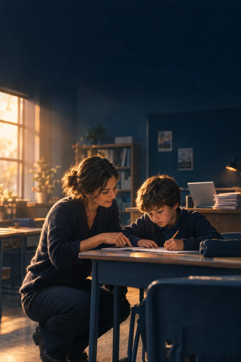 A teacher kneels beside a child and helps with schoolwork.