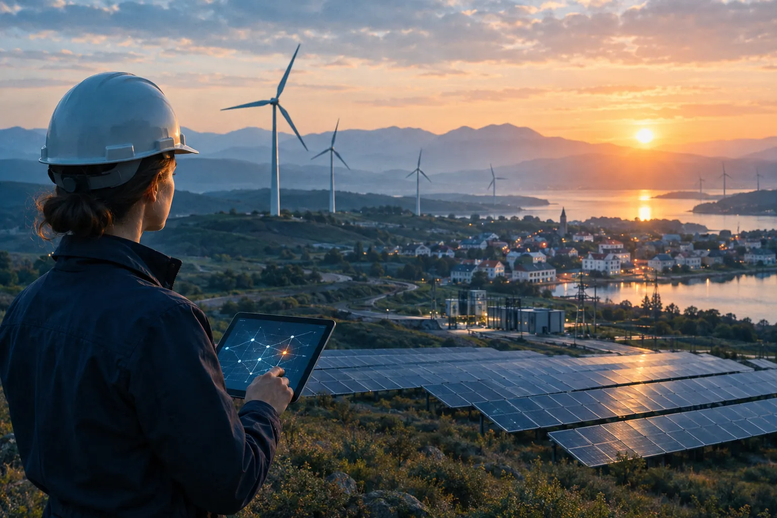 Solar fields and wind turbines at dawn; an engineer checks the grid on a tablet.