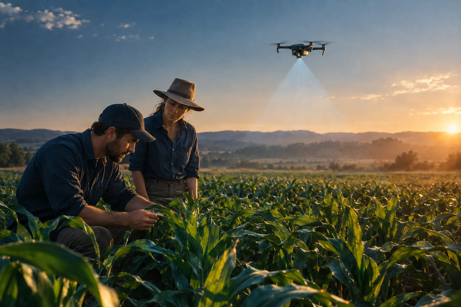 Farmers inspect healthy crops in a hot summer while a drone hovers over the field.