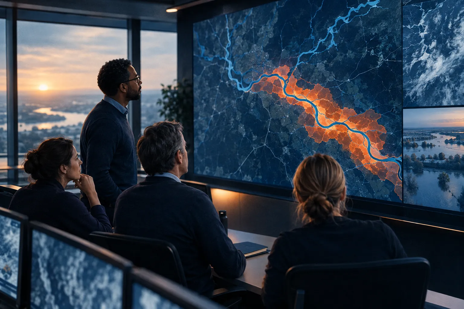 A forecasting center: meteorologists look at a river map with a flood risk highlighted.
