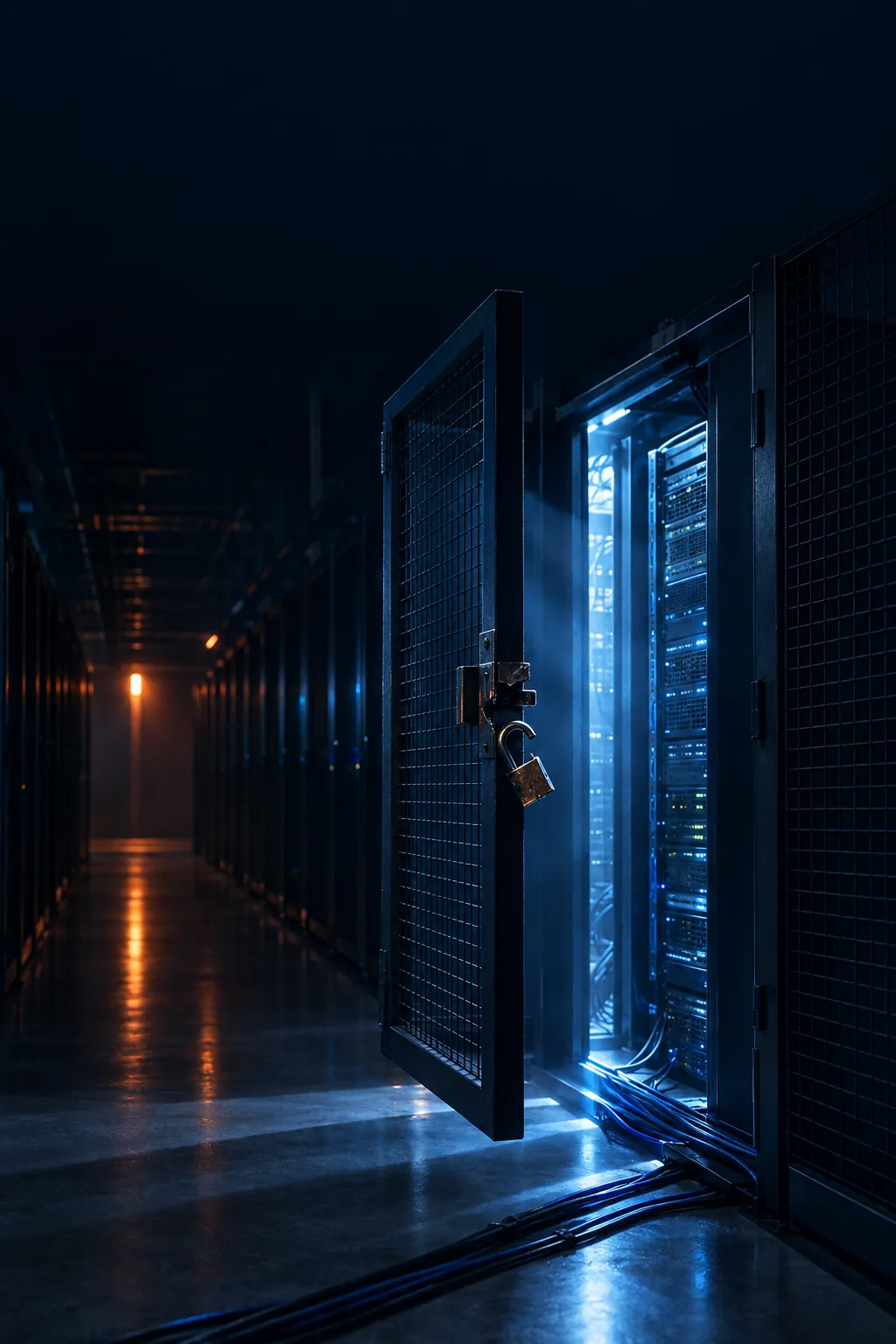 The open door of a secure server cage with a broken lock; light escapes along the cables.