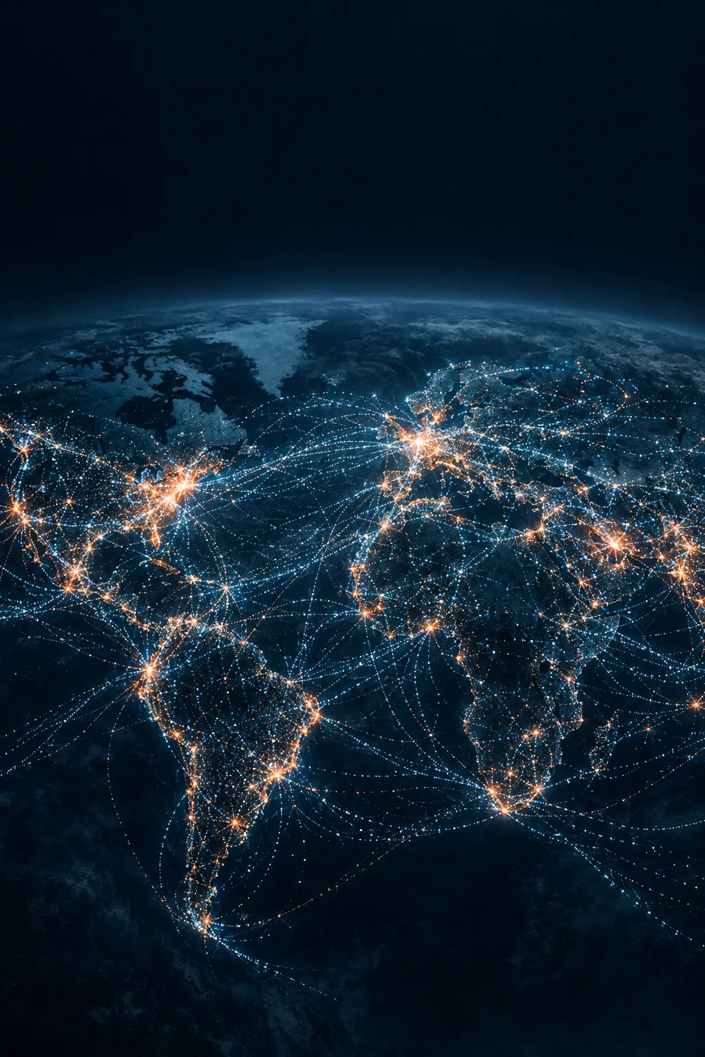 A world map at night: thousands of glowing points spread along network lines like a flock.