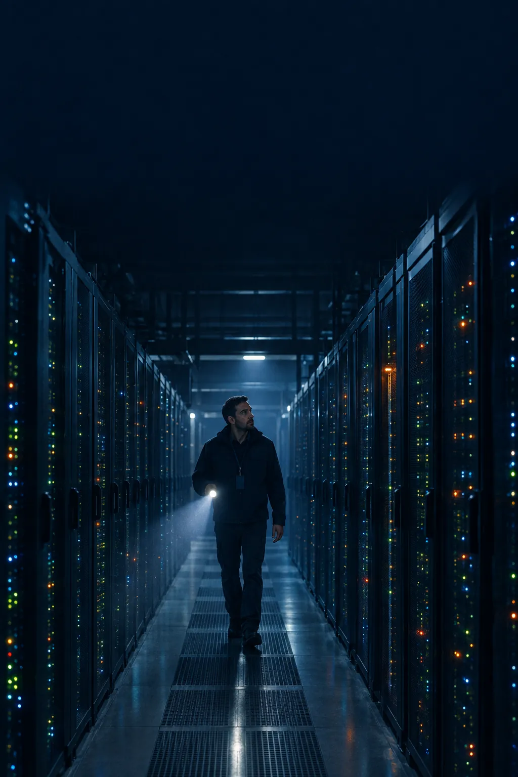 An engineer with a flashlight walks between server racks looking for the source of the traffic.