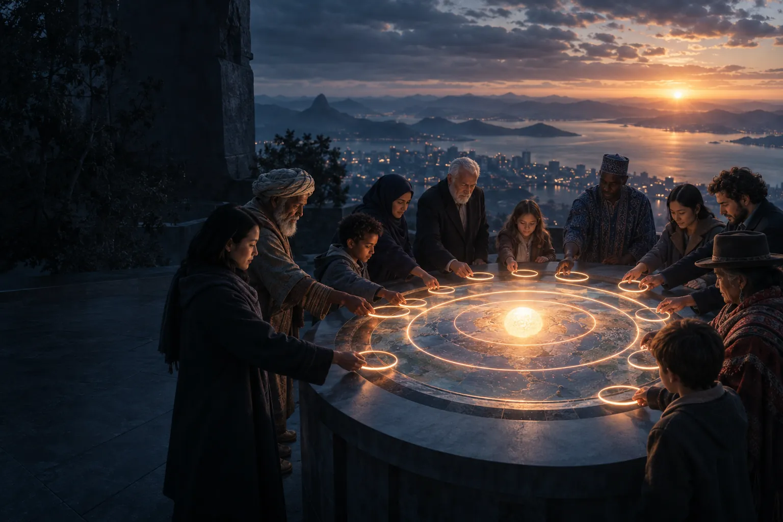 People from around the world stand around a round table at dusk, placing glowing rings around a bright core.