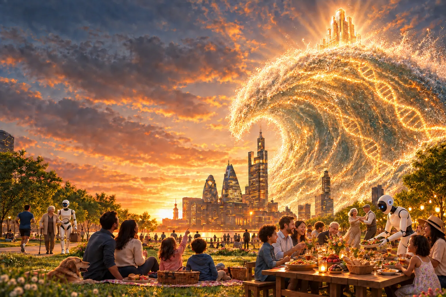 The same wave and city at dawn: a golden wave over a green park. Families share a long table full of food while a robot serves them a dish. Another robot offers its arm to an elderly woman, an old couple dances, a family with a dog has a picnic.