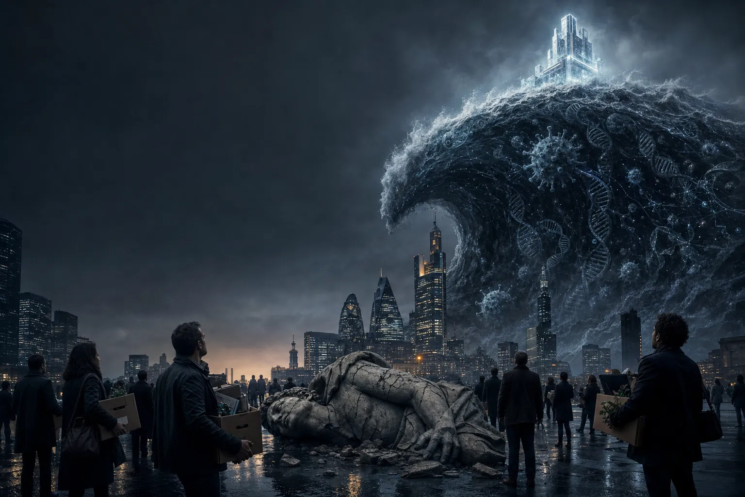A giant wave over a city at night, woven from DNA helices and viruses, with a cold machine on its crest. Laid-off people with cardboard boxes stand in the street next to a toppled statue of a man.