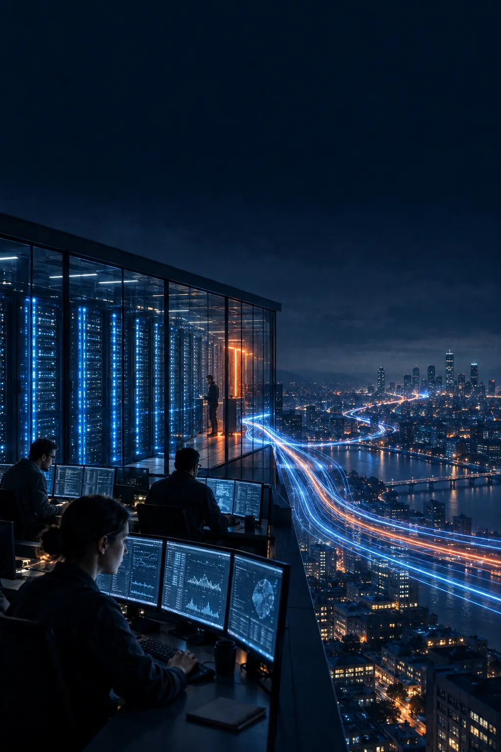 A company switches on a huge AI system at night; streams of light race out of the building into the city.