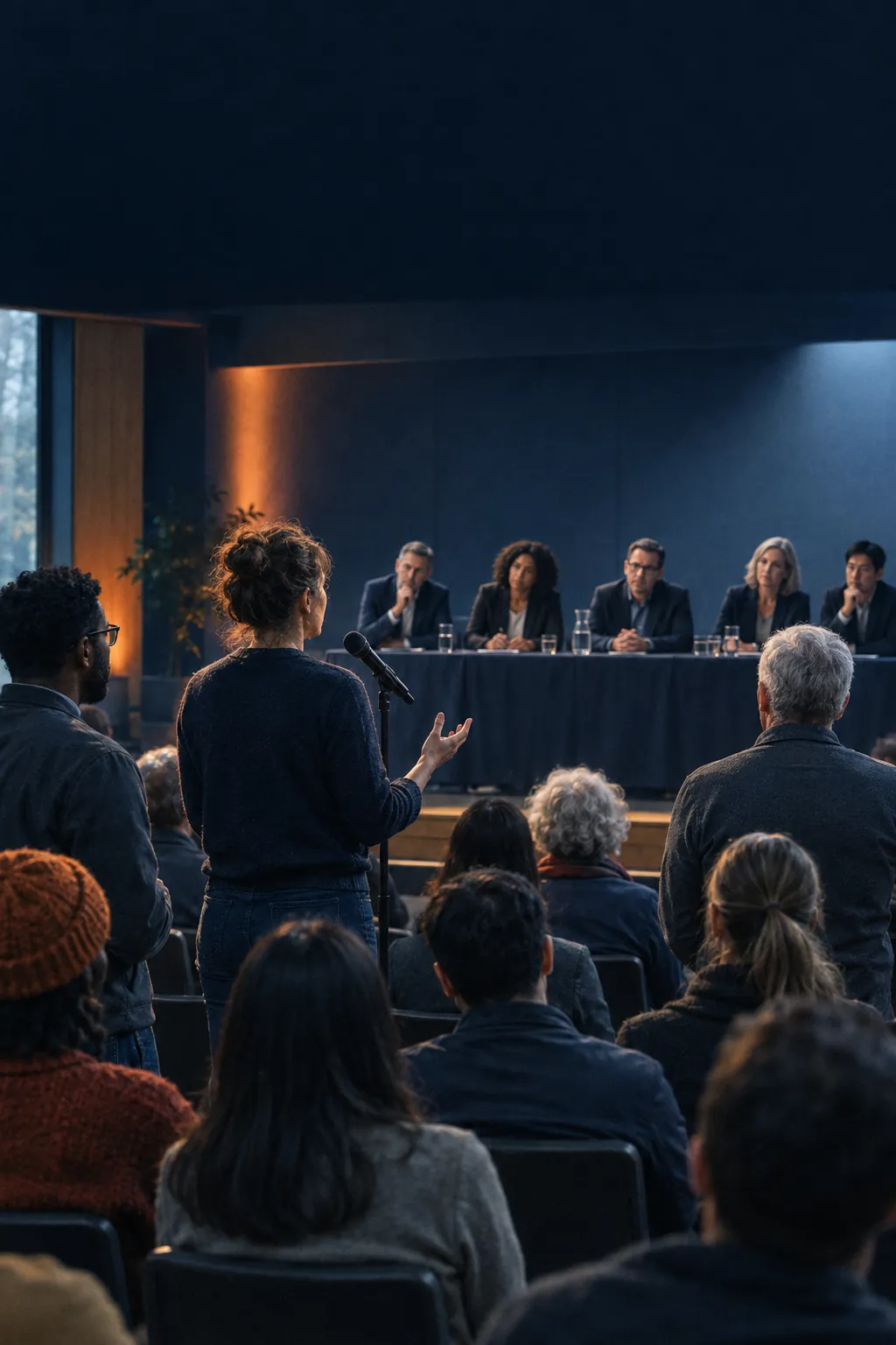 A town hall meeting: a woman at a microphone asks officials on stage a question.