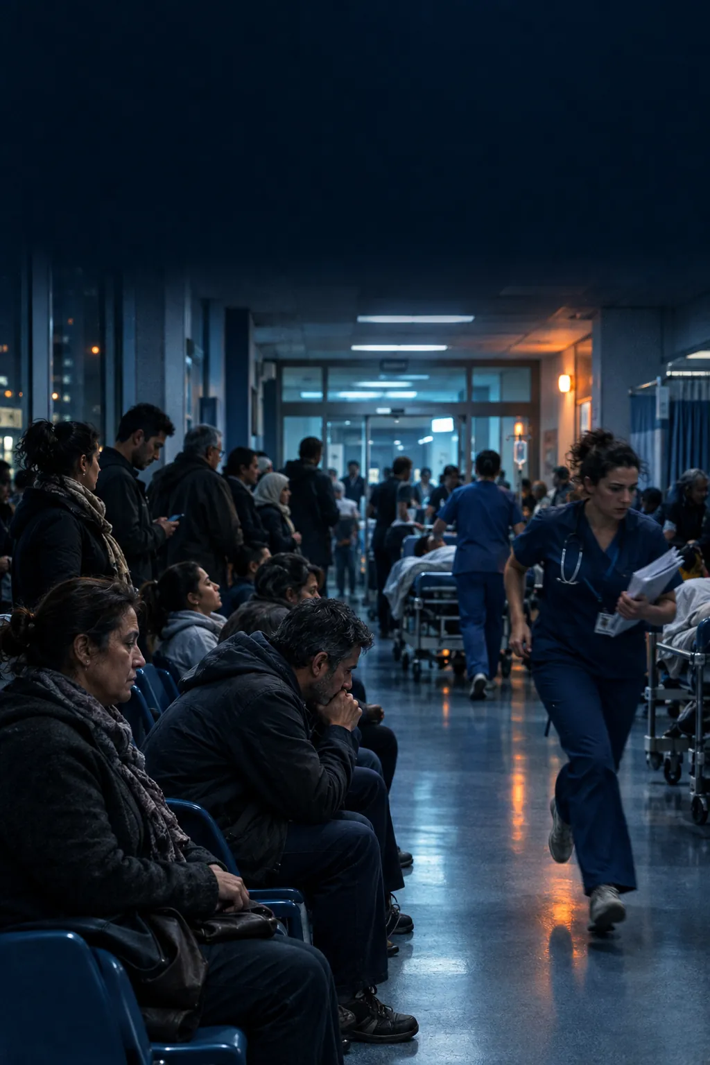 A crowded emergency room at night; people wait in the corridor, a nurse hurries past.