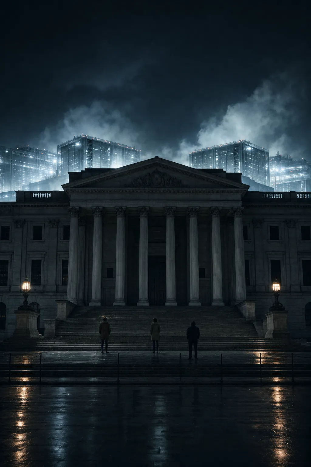 A dark government building with brightly lit data centers behind it.