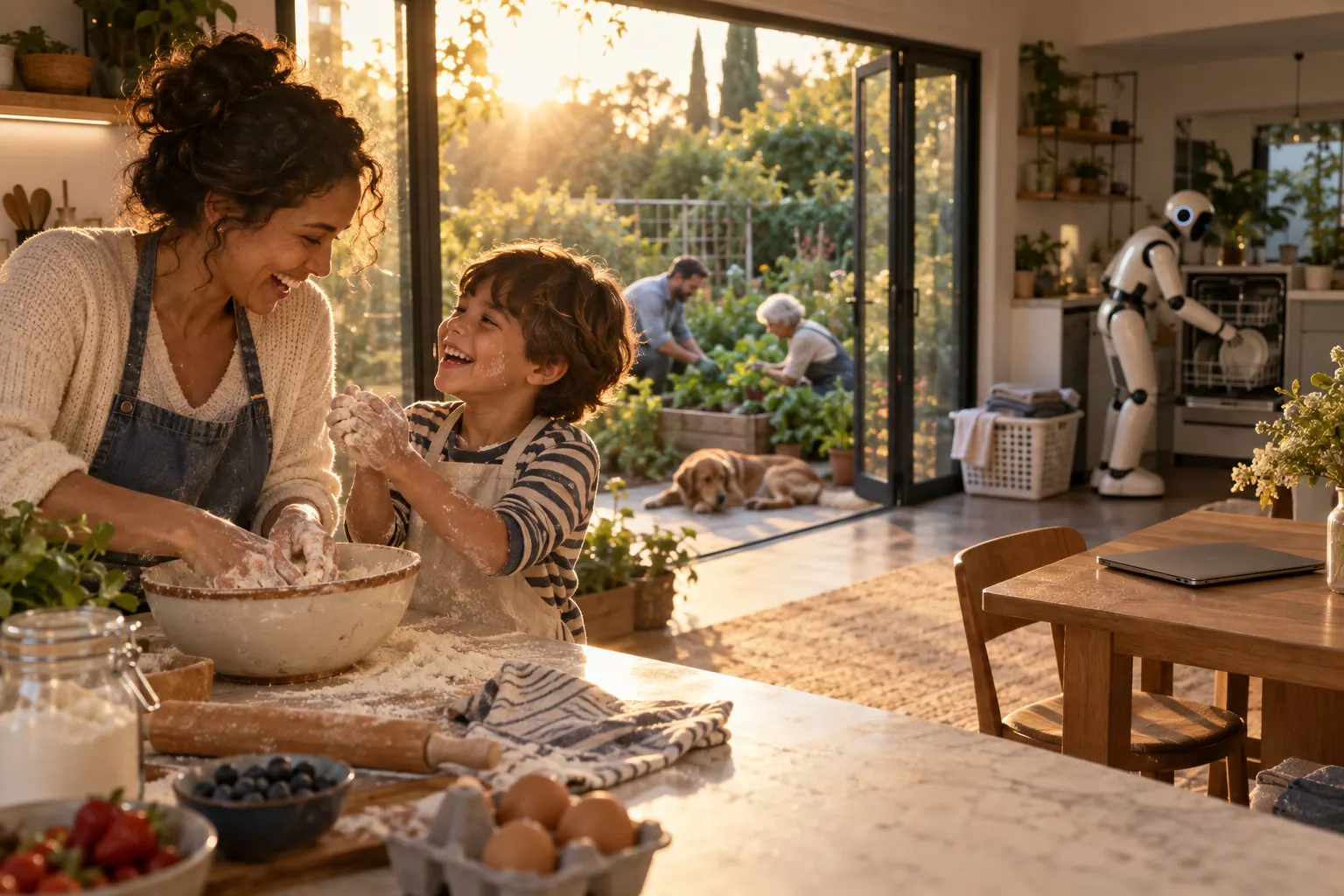 A sunlit kitchen in the afternoon: a mother and her son knead dough and laugh, in the garden a father and grandmother tend vegetables, and in the background a robot loads the dishwasher next to a laundry basket.