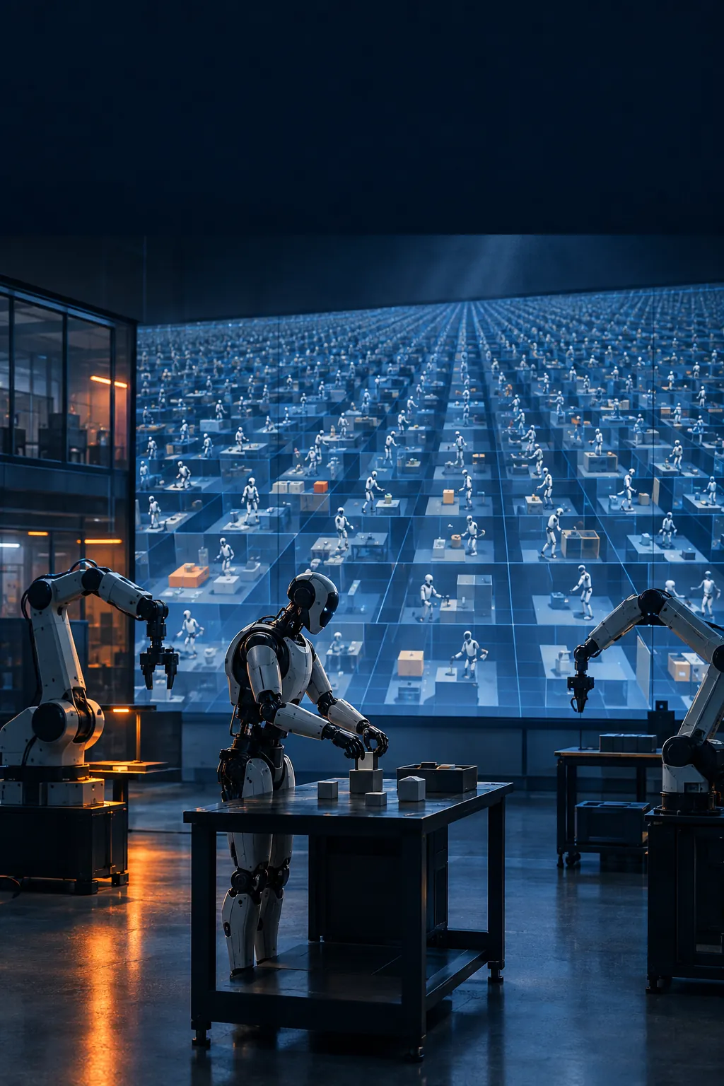 A lab: robots practice in front of a wall of thousands of simulated copies training in parallel.