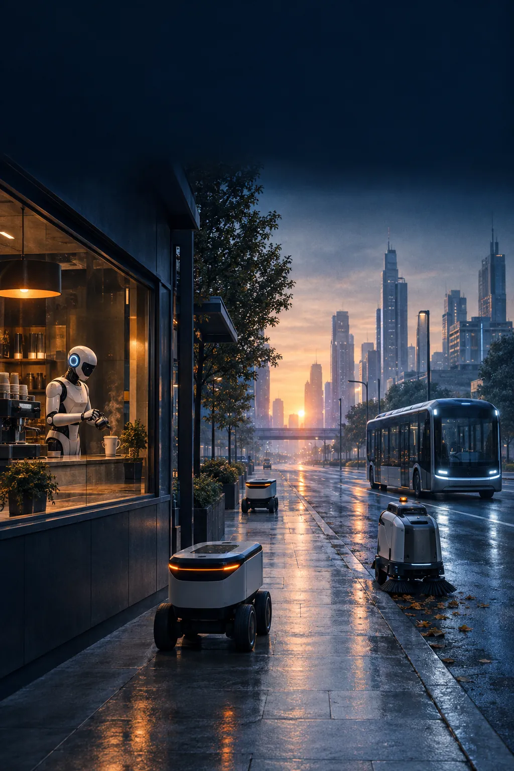 A street at dawn: a robot in a café, delivery robots, a driverless bus - no workers anywhere.