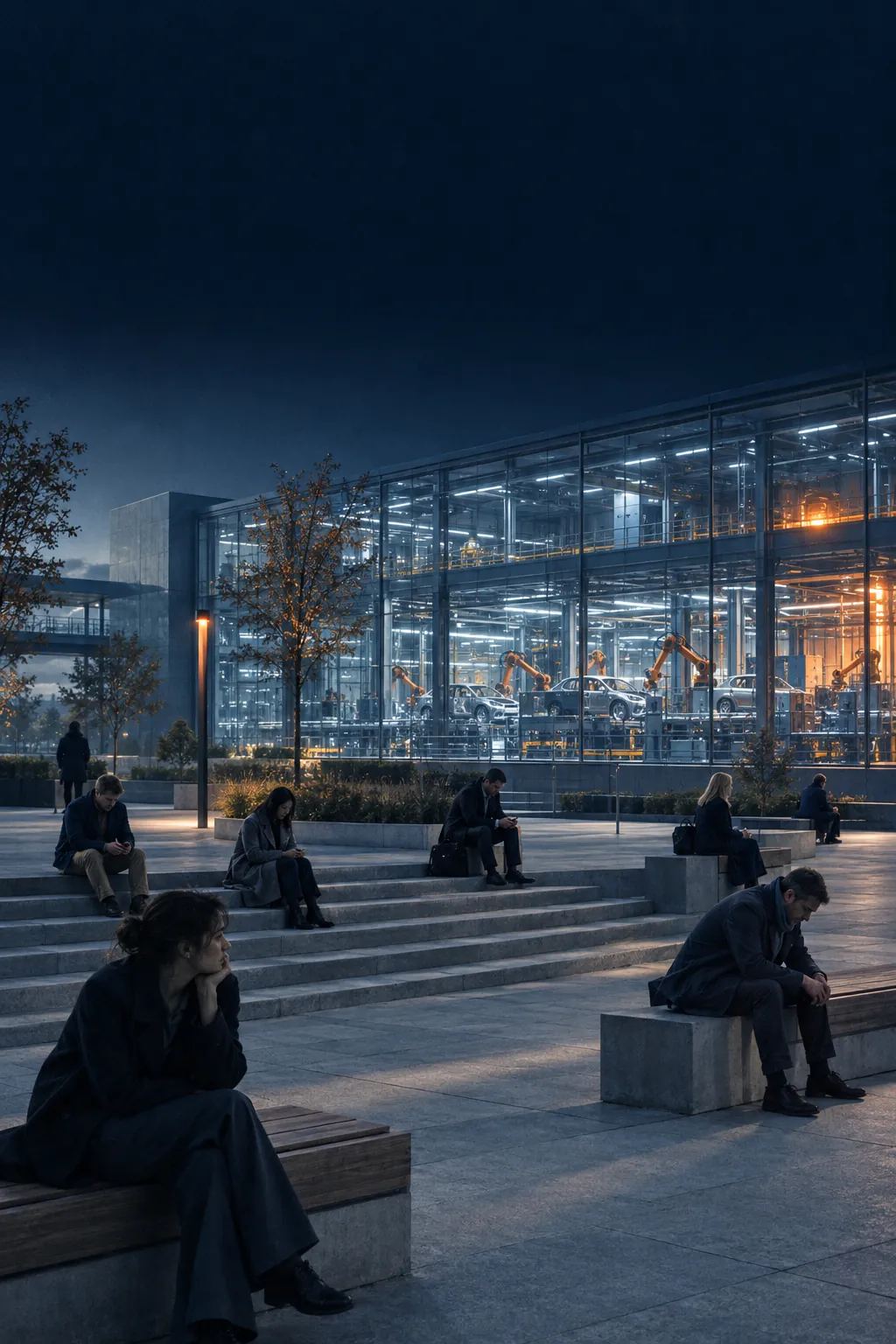 People sit idle on a plaza while an automated factory works behind them.