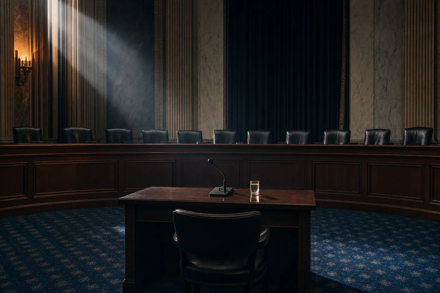 An empty US Senate hearing room: a witness table with a microphone facing the senators’ dais.