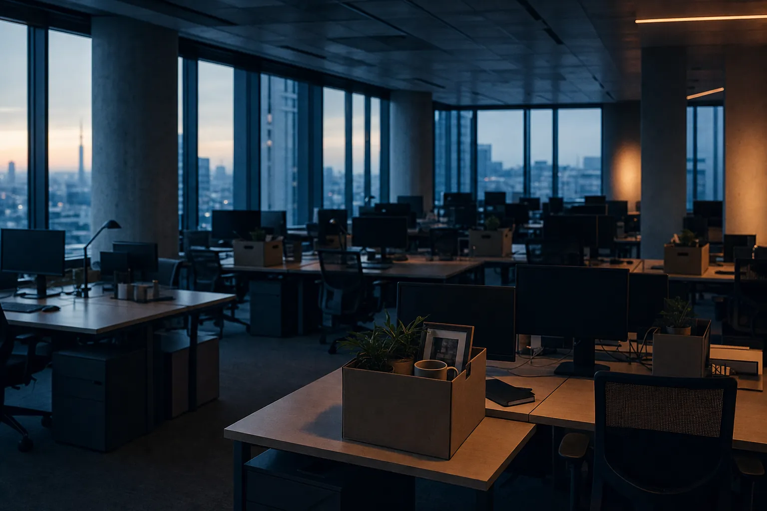 An empty office at dawn, cardboard boxes with laid-off workers’ belongings on the desks.