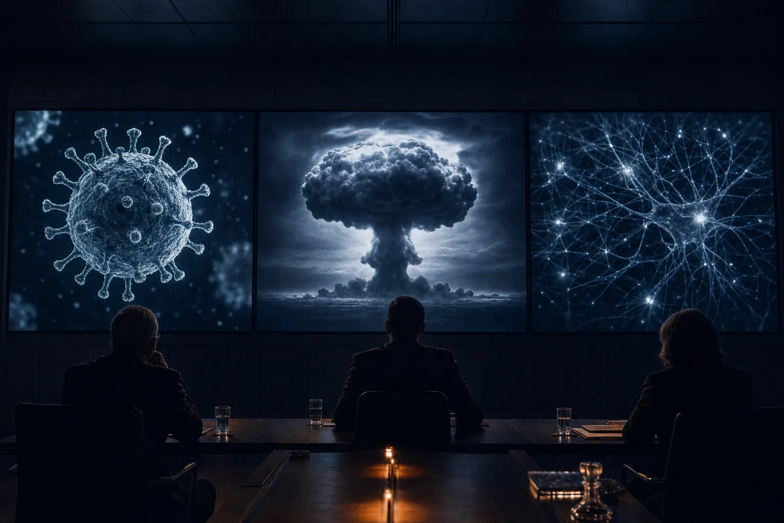 A crisis room: three screens side by side - a virus, a mushroom cloud and a neural network.