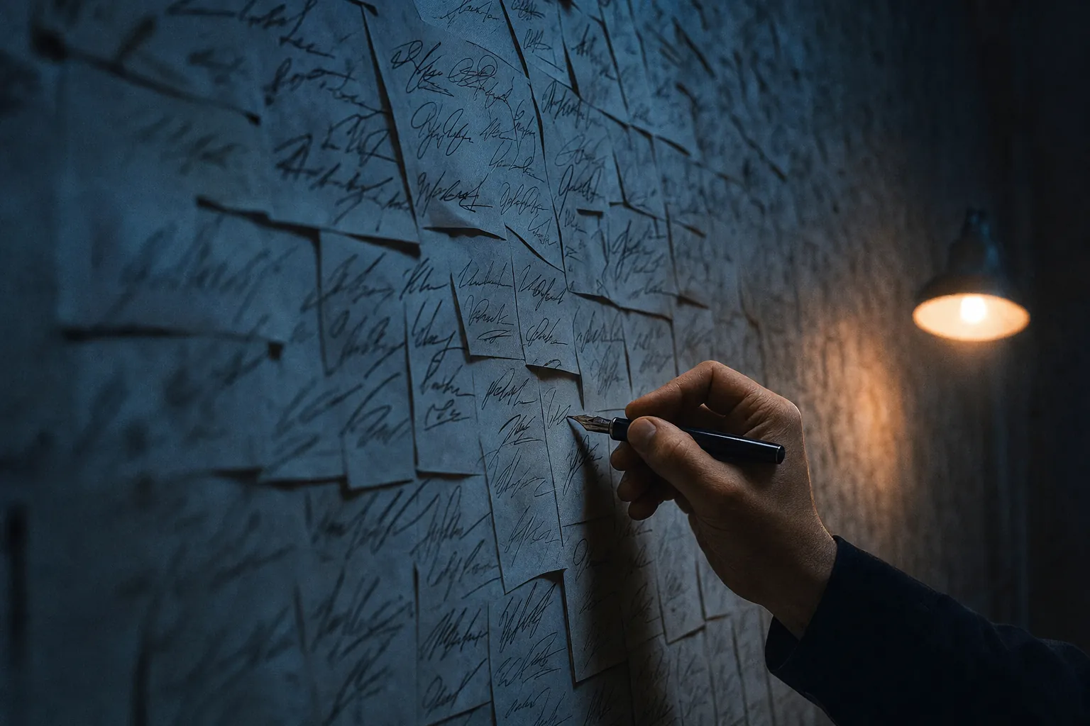 A wall covered in thousands of signatures; a hand adds one more.