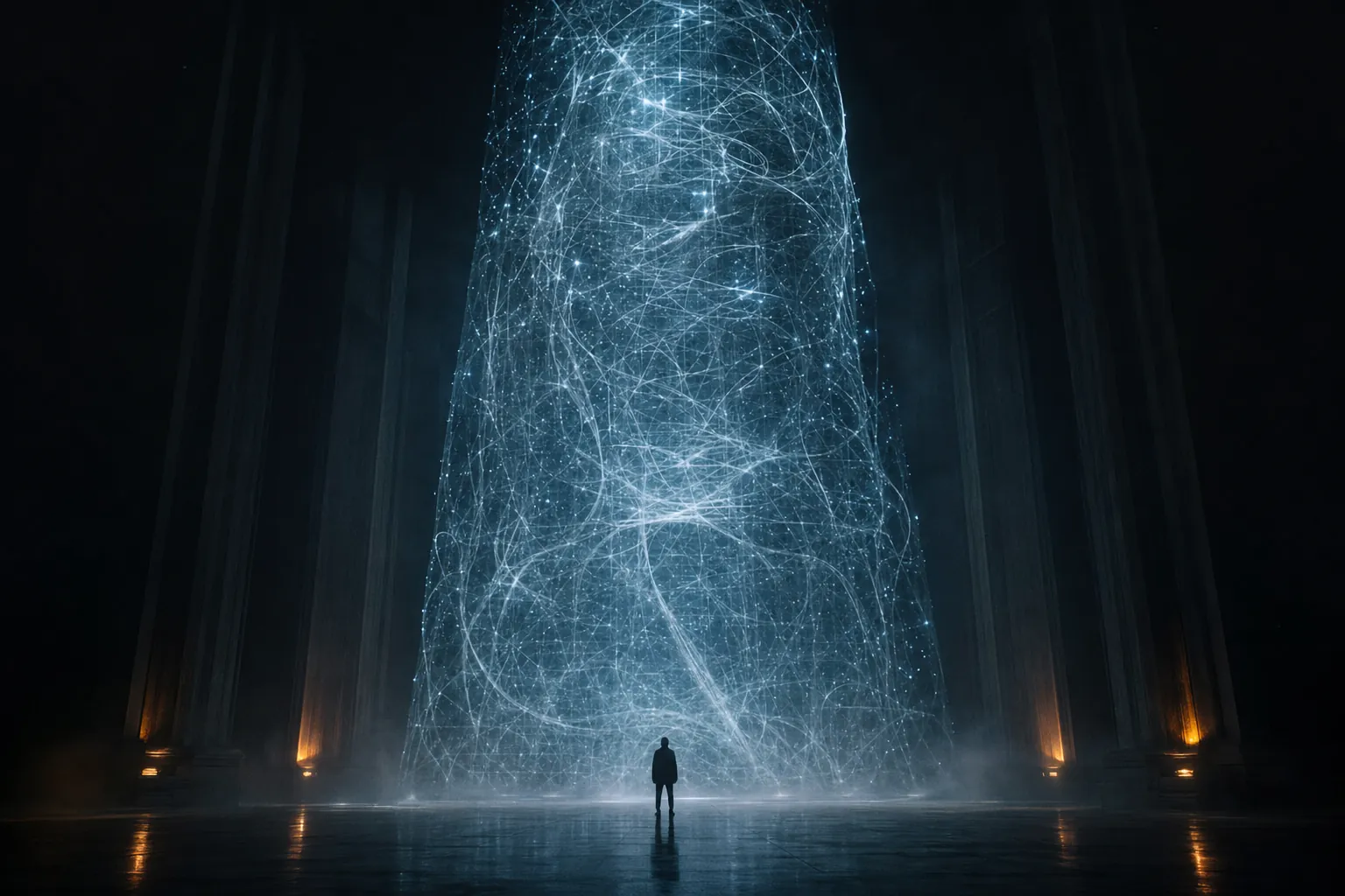 A small person stands before a huge, glowing structure of intelligence.
