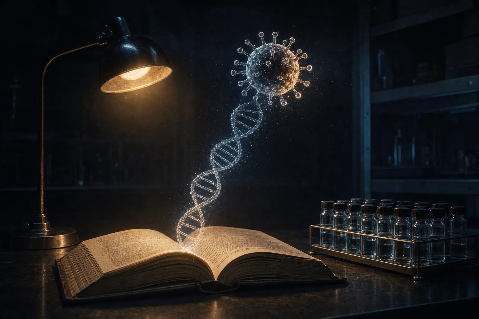 An open book in a lab; a DNA helix rises from its pages and turns into a virus.