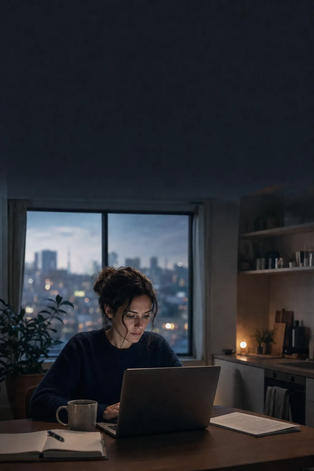 A woman works remotely at a kitchen table with a laptop and a notebook.
