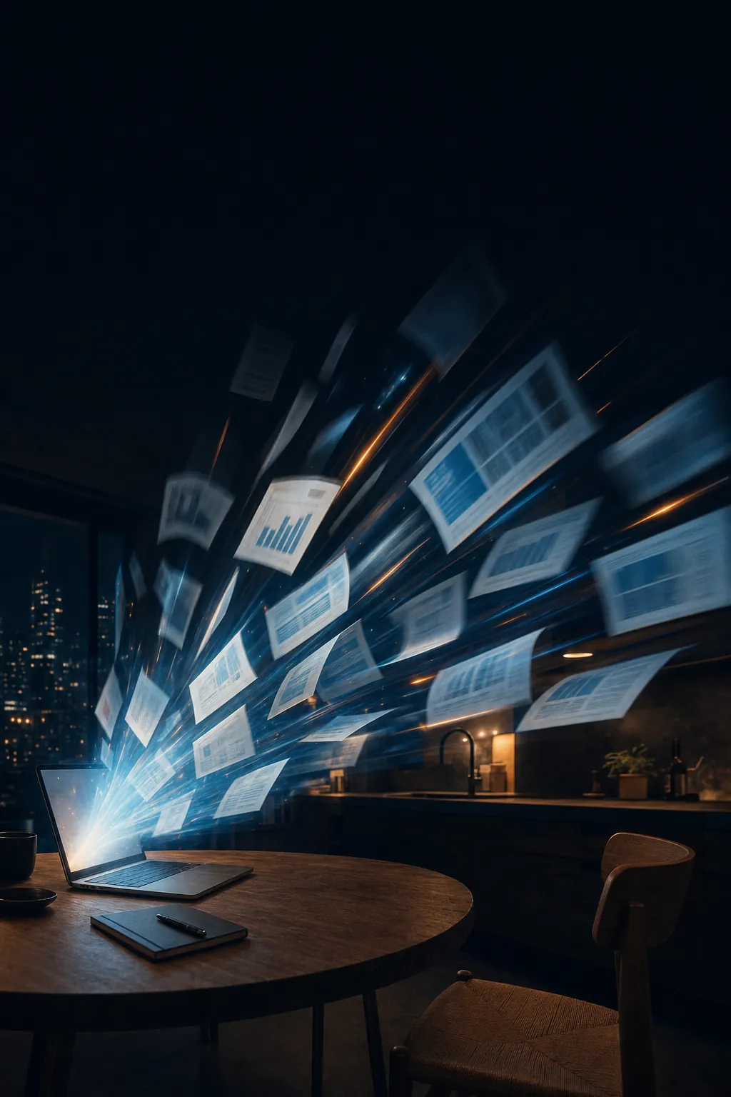 The same table without the person: dozens of finished documents fly out of the laptop in streaks of light.