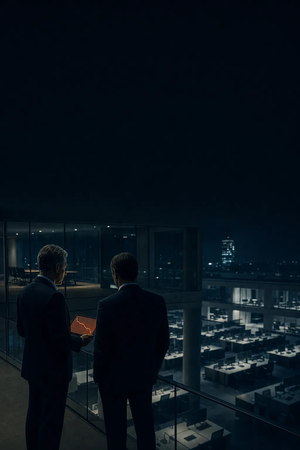 Two company owners in a boardroom look down at an office where most desks are empty.